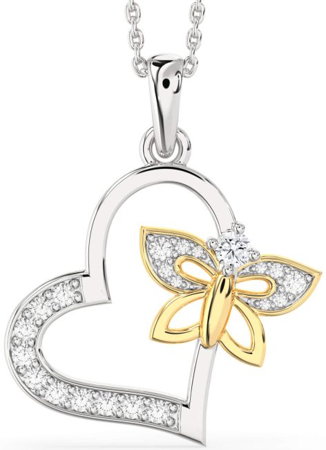 Large Diamond Gold Silver Heart Butterfly Necklace