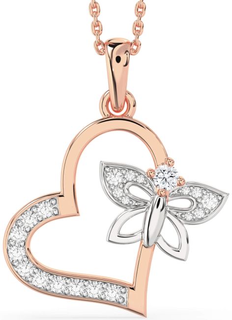 Large Diamond Rose Gold Silver Heart Butterfly Necklace