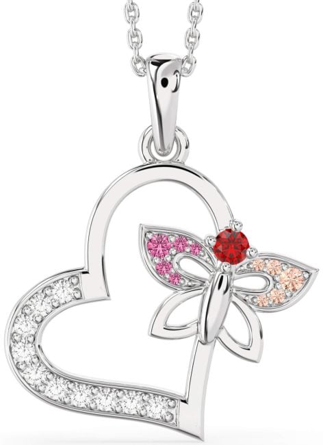 Large Diamond Silver Heart Butterfly Necklace