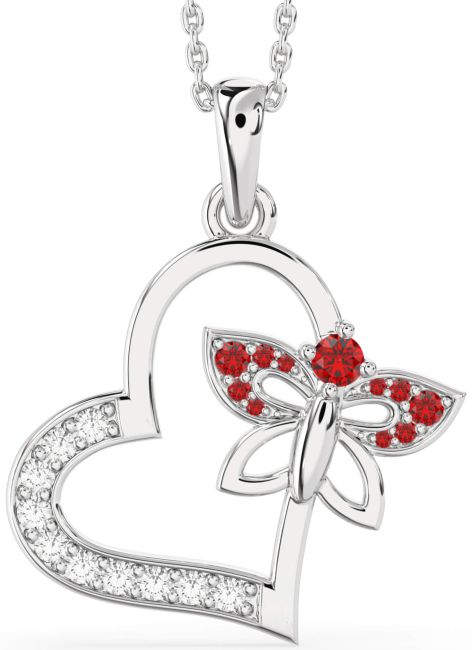 Large Diamond Ruby Silver Heart Butterfly Necklace