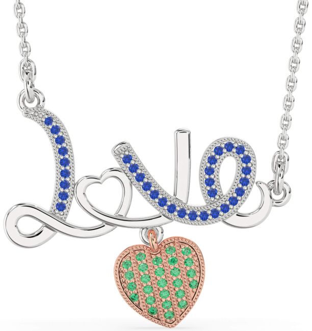Large Emerald & Blue Sapphire White Rose Gold Heart Necklace