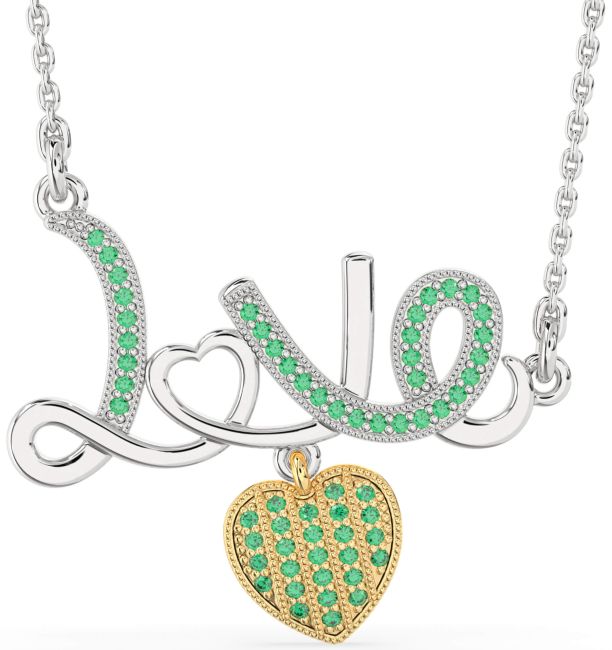 Large Emerald Gold Silver Heart Necklace