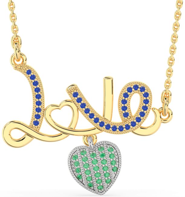Large Emerald & Blue Sapphire Platinum & Yellow Gold Heart Necklace