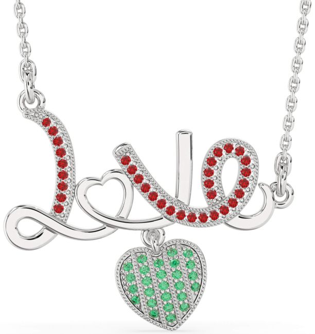 Large Emerald & Ruby Silver Heart Necklace