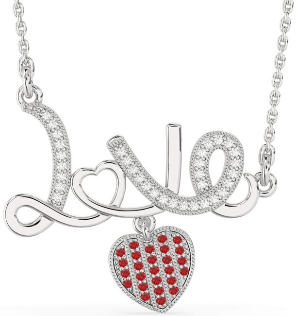 Large Diamond & Ruby Platinum Heart Necklace