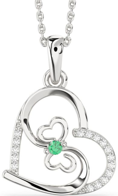 Diamond Emerald Silver Heart Butterfly Necklace