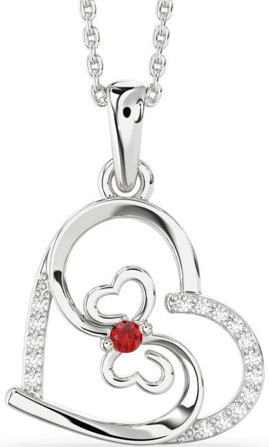 Diamond Ruby Silver Heart Butterfly Necklace
