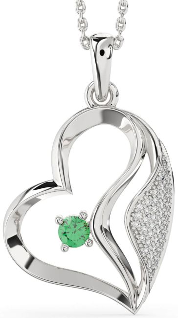 Diamond Emerald Silver Heart Necklace