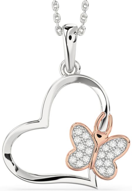 Diamond Platinum & Rose Gold Heart Butterfly Necklace