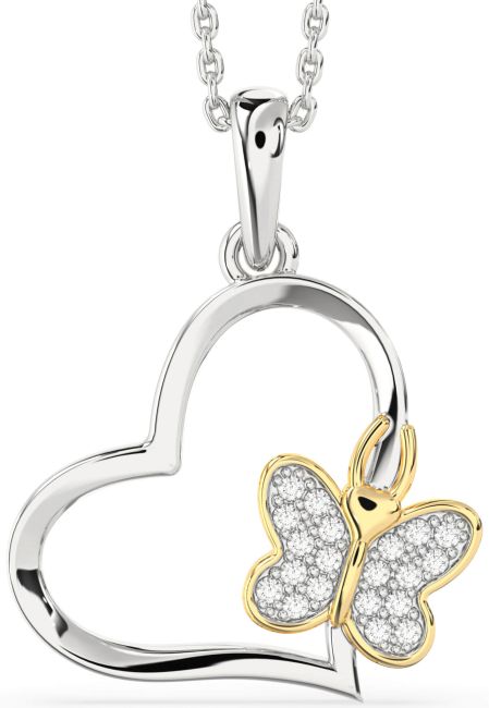 Diamond White Yellow Gold Heart Butterfly Necklace