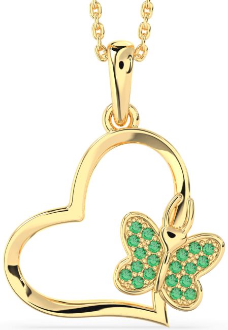 Emerald Gold Silver Heart Butterfly Necklace