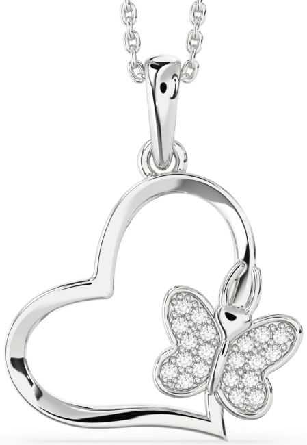 Diamond Silver Heart Butterfly Necklace