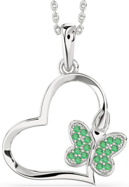 Emerald Silver Heart Butterfly Necklace