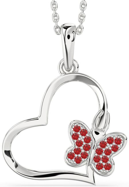 Ruby Silver Heart Butterfly Necklace