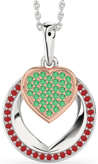 Emerald & Ruby Rose Gold Silver Heart Circle Necklace