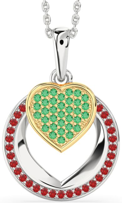 Emerald & Ruby Gold Silver Heart Circle Necklace