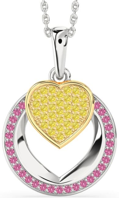 Yellow Diamond & Pink Sapphire Gold Silver Heart Circle Necklace
