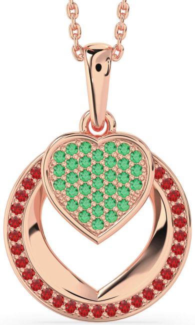 Emerald & Ruby Rose Gold Heart Circle Necklace