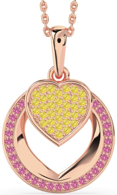 Yellow Diamond & Pink Sapphire Rose Gold Silver Heart Circle Necklace