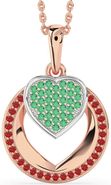 Emerald & Ruby Rose Gold Silver Heart Circle Necklace