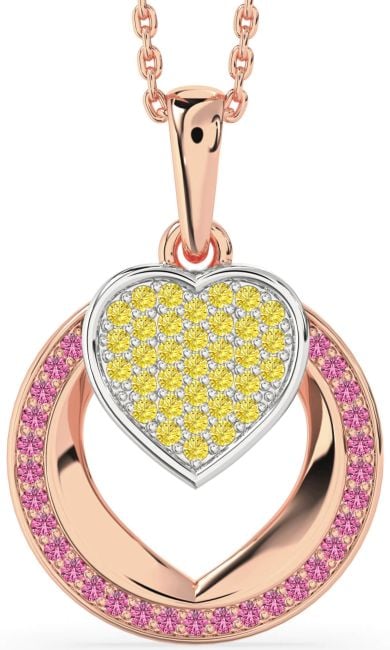 Yellow Diamond & Pink Sapphire Platinum & Rose Gold Heart Circle Necklace