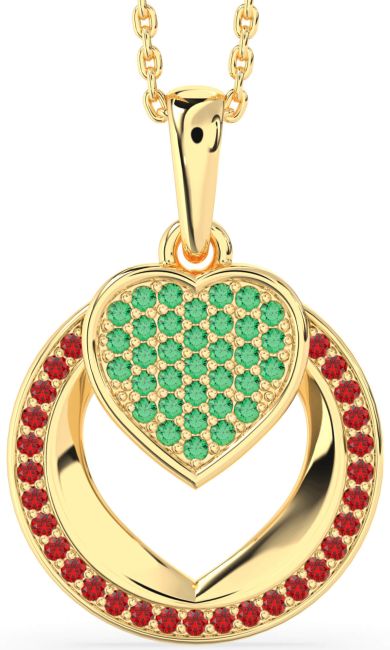 Emerald & Ruby Gold Silver Heart Circle Necklace