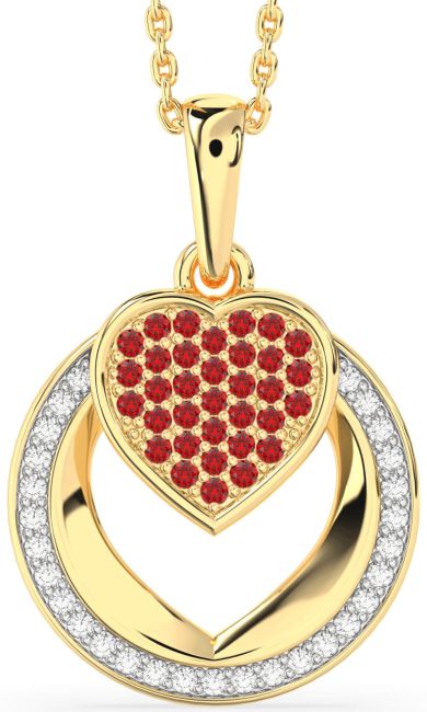 Diamond & Ruby Gold Heart Circle Necklace
