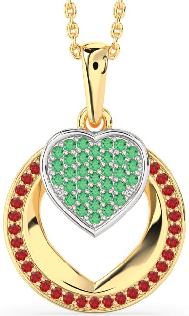 Emerald & Ruby Gold Silver Heart Circle Necklace