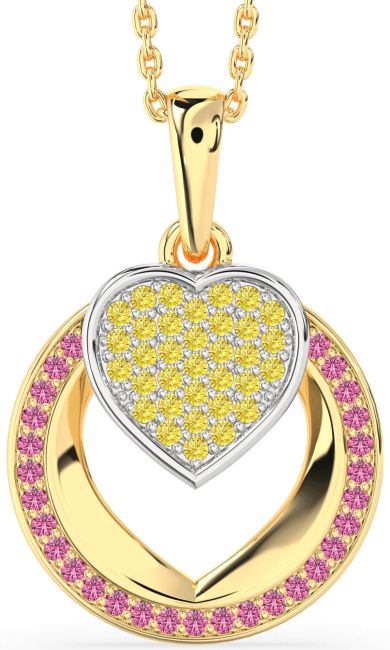 Yellow Diamond & Pink Sapphire White Yellow Gold Heart Circle Necklace