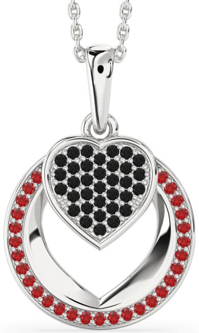 Black Diamond & Ruby Silver Heart Circle Necklace