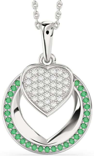 Emerald & Diamond Silver Heart Circle Necklace