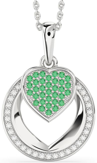 Diamond & Emerald Silver Heart Circle Necklace