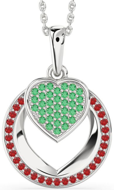 Emerald & Ruby Silver Heart Circle Necklace