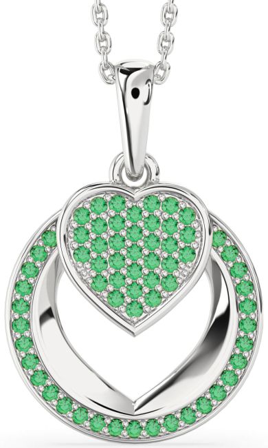 Emerald Silver Heart Circle Necklace