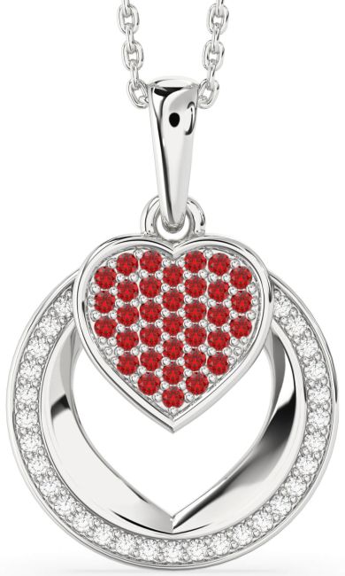 Diamond & Ruby Silver Heart Circle Necklace