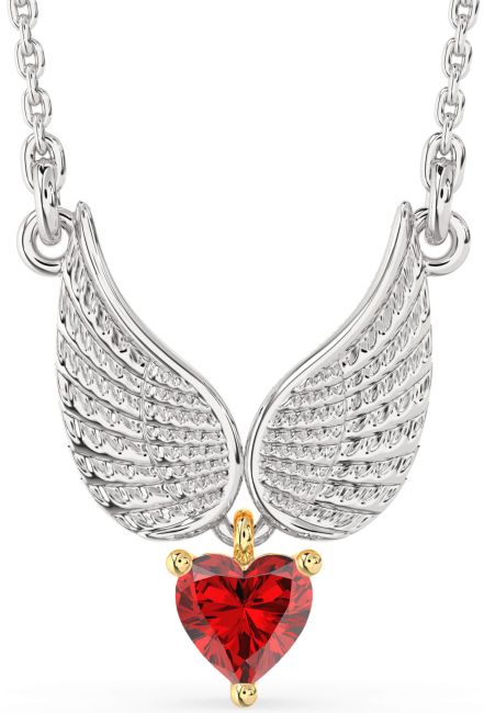 Ruby Gold Silver Heart Wings Necklace