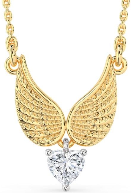 Diamond White Yellow Gold Heart Wings Necklace