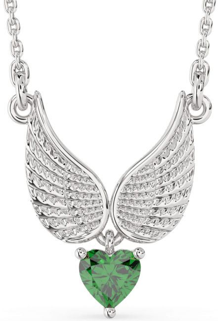 Emerald Silver Heart Wings Necklace