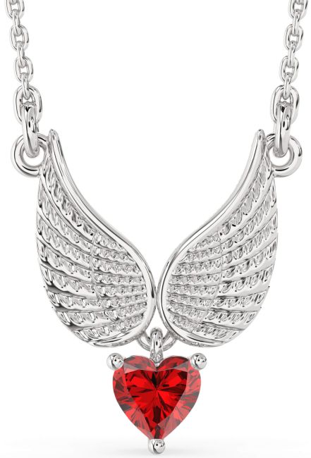 Ruby Silver Heart Wings Necklace