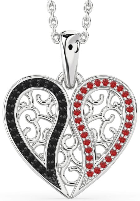 Black Diamond & Ruby Silver Broken Heart Necklace