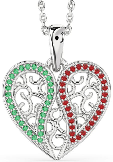 Emerald & Ruby Silver Broken Heart Necklace