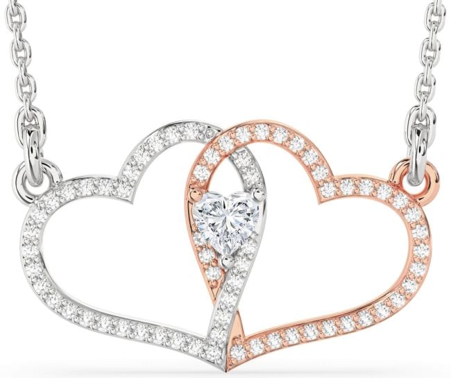 Large Diamond Rose Gold Silver Heart Necklace