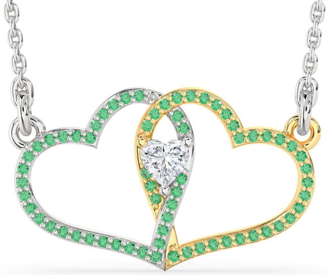 Large Emerald Gold Silver Heart Necklace