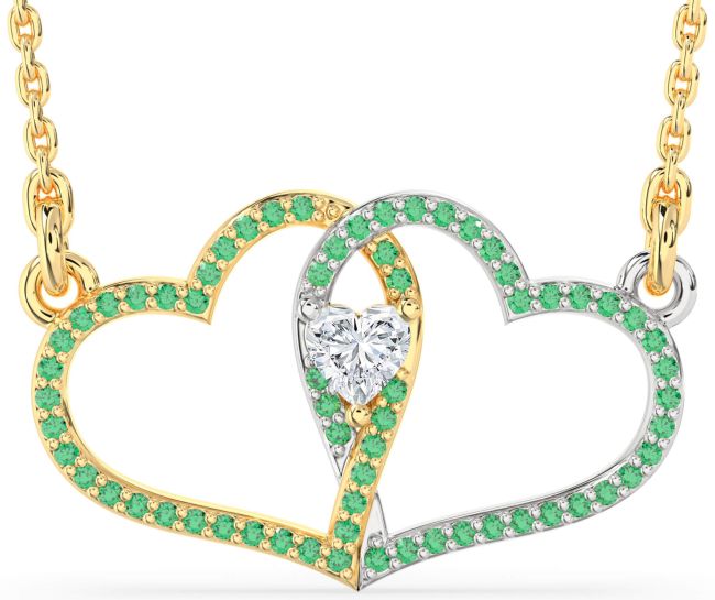 Large Emerald Gold Silver Heart Necklace