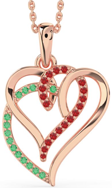Emerald & Ruby Rose Gold Heart Necklace