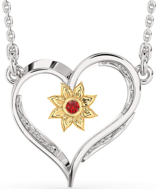 Ruby Gold Silver Heart Sun Necklace