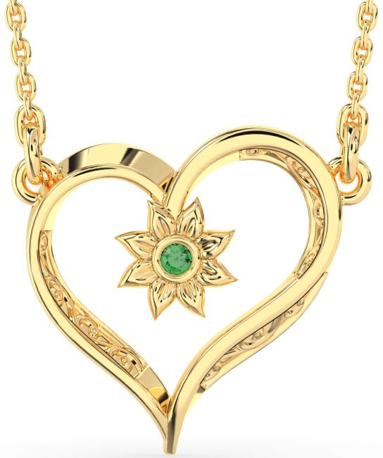 Emerald Gold Silver Heart Sun Necklace