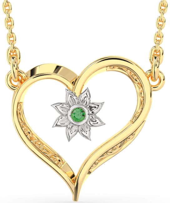 Emerald Gold Silver Heart Sun Necklace