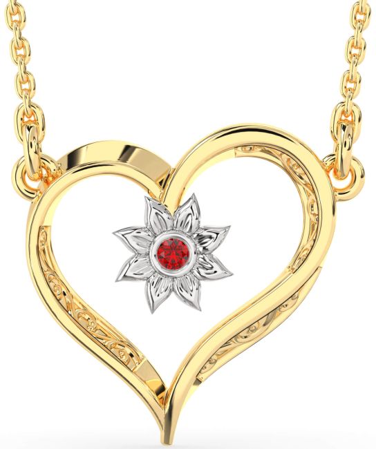 Ruby Gold Silver Heart Sun Necklace