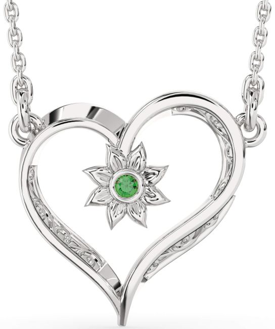 Emerald Silver Heart Sun Necklace